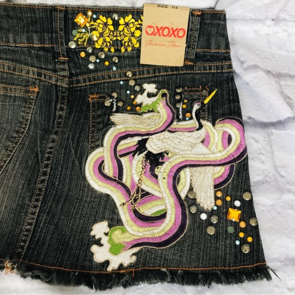 Vintage NWT XOXO Embroidered Denim Mini Circa-2000’s Spirit Bird Embroidery - Picture 5 of 13